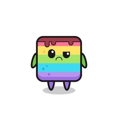 the mascot of the rainbow cake with sceptical face