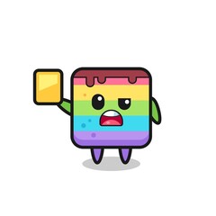 cartoon rainbow cake character as a football referee giving a yellow card