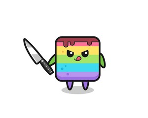 cute rainbow cake mascot as a psychopath holding a knife