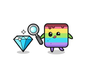 rainbow cake mascot is checking the authenticity of a diamond