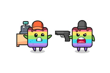 illustration of the cute rainbow cake as a cashier is pointed a gun by a robber