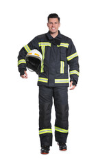 Fototapeta premium Full length portrait of firefighter in uniform with helmet on white background