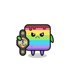 rainbow cake mascot character as a MMA fighter with the champion belt
