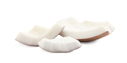 Pieces of ripe coconut on white background