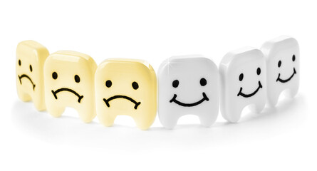 Small plastic teeth with sad and happy faces on white background, banner design. Whitening concept