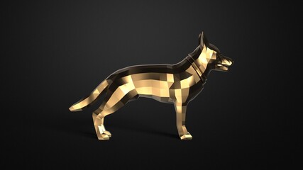 Gold low poly animal dog statue isolated on black background,concept geometry design origamy triangle style 3d render image