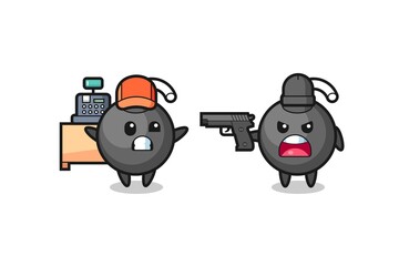 illustration of the cute bomb as a cashier is pointed a gun by a robber