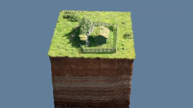 An abstract CGI earth cube. On the top stands a sod roof hut neatly bounded by a low fence, the hut stands on lush grass with a few trees and rocks. Layers below are soil