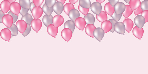 Pink and purple air balloon. Decorations for holidays, party, birthday and wedding event on a pink background and space for text. It's a girl. Festive background with helium balloons.