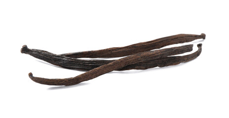 Dried aromatic vanilla sticks on white background