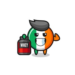 the muscular ireland flag badge character is holding a protein supplement