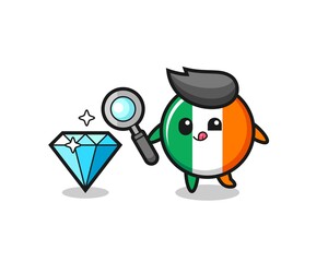 ireland flag badge mascot is checking the authenticity of a diamond