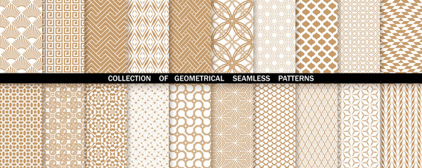 Geometric set of seamless gold and white patterns. Simple vector graphics