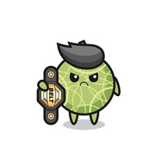 melon fruit mascot character as a MMA fighter with the champion belt