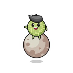 illustration of melon fruit cartoon sitting on the moon