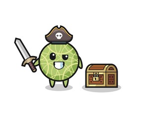 the melon fruit pirate character holding sword beside a treasure box