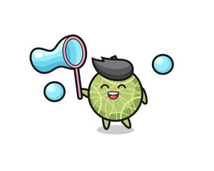 happy melon fruit cartoon playing soap bubble