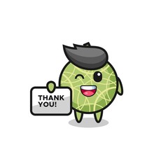 the mascot of the melon fruit holding a banner that says thank you