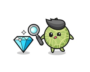 melon fruit mascot is checking the authenticity of a diamond