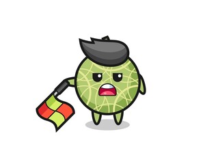 melon fruit character as line judge hold the flag down at a 45 degree angle