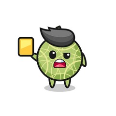 cartoon melon fruit character as a football referee giving a yellow card