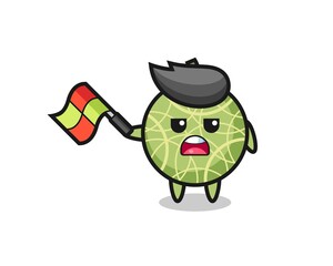 melon fruit cartoon as the line judge hold the flag up at a 45 degree angle