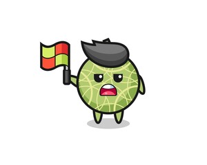 melon fruit character as line judge putting the flag up
