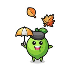 cartoon of the cute lime holding an umbrella in autumn