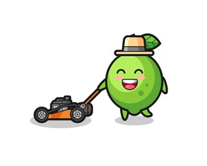 illustration of the lime character using lawn mower