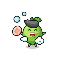 lime character is bathing while holding soap