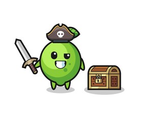 the lime pirate character holding sword beside a treasure box