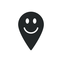 Smiling location pointer symbol icon. Happy Gps navigation pin sign. Smile face emotion character. Map position marker logo. Vector illustration image.