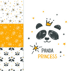 Panda Princess.Surface design and 3 seamless patterns. Can be used for kid's clothing. Use for print design, surface design, fashion kids wear