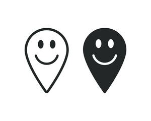 Smiling location pointer symbol icon. Happy Gps navigation pin sign. Smile face emotion character. Map position marker logo. Vector illustration image.