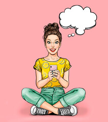 Smiling young sexy woman  sitting with smartphone. Pop Art girl using mobile phone application. Texting, communication, cellphone App concept - 438119197