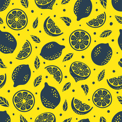 Cute Vector Lemon tropical seamless pattern. Doodle summer fresh fruit slice, leaves, half sliced and whole lemons black silhouettes print on yellow background. Lemonade hand drawn repeat texture