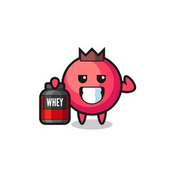 the muscular cranberry character is holding a protein supplement