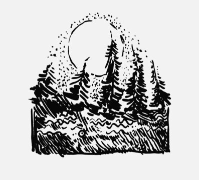 Hand drawn illustration, vector graphic with a tree and moon. 