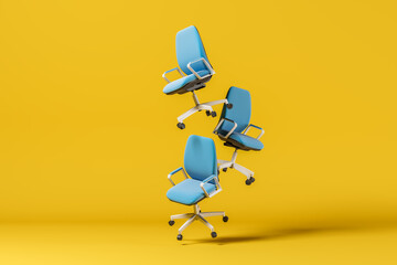 Three blue office chair floating in the air on a yellow background. The concept of office work. 3d rendering - obrazy, fototapety, plakaty