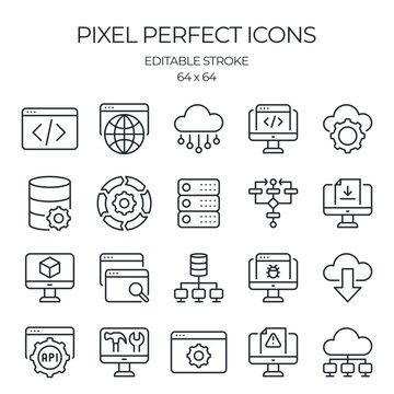 Software development related editable stroke outline icons set isolated on white background flat vector illustration. Pixel perfect. 64 x 64.