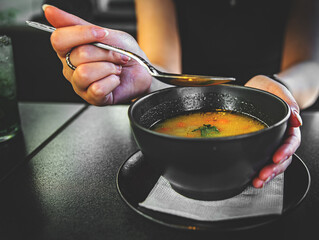Woman hand eating chicken soup in black bowl sitting in cafe