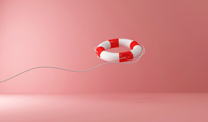 Red Lifebuoy with Rope on pink studio background