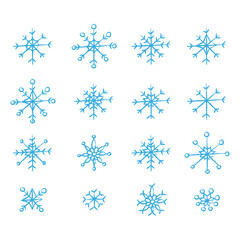 Set of hand drawn cute blue snowflakes, snowflake icon, isolated vector illustration on white background