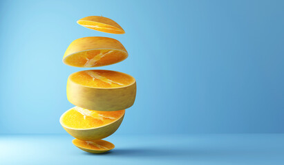 Sliced Orange fruit pieces on blue studio background - 438120557