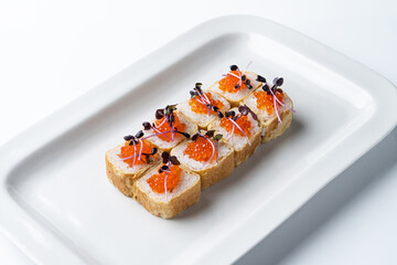 Crepe sushi rolls with rice and red caviar, unusual eclectic gourmet meal