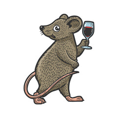 Mouse with wine sketch raster illustration