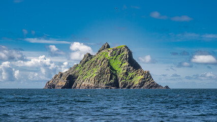 Beautiful rock of Skellig Michael island with monks hermitage on the top, where Star Wars were...