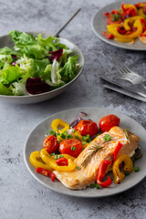 Baked red fish fillet Arctic char on a plate with vegetables, mix salad in a bowl, delicious hearty healthy dinner