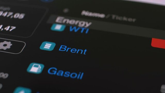 Energy commodity on stock market screen, Brent, Gasoil, Wti, Heating Oil, Naturel Gas 4K UHD video