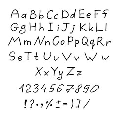 Creative alphabet and numbers on white background. Vector image.